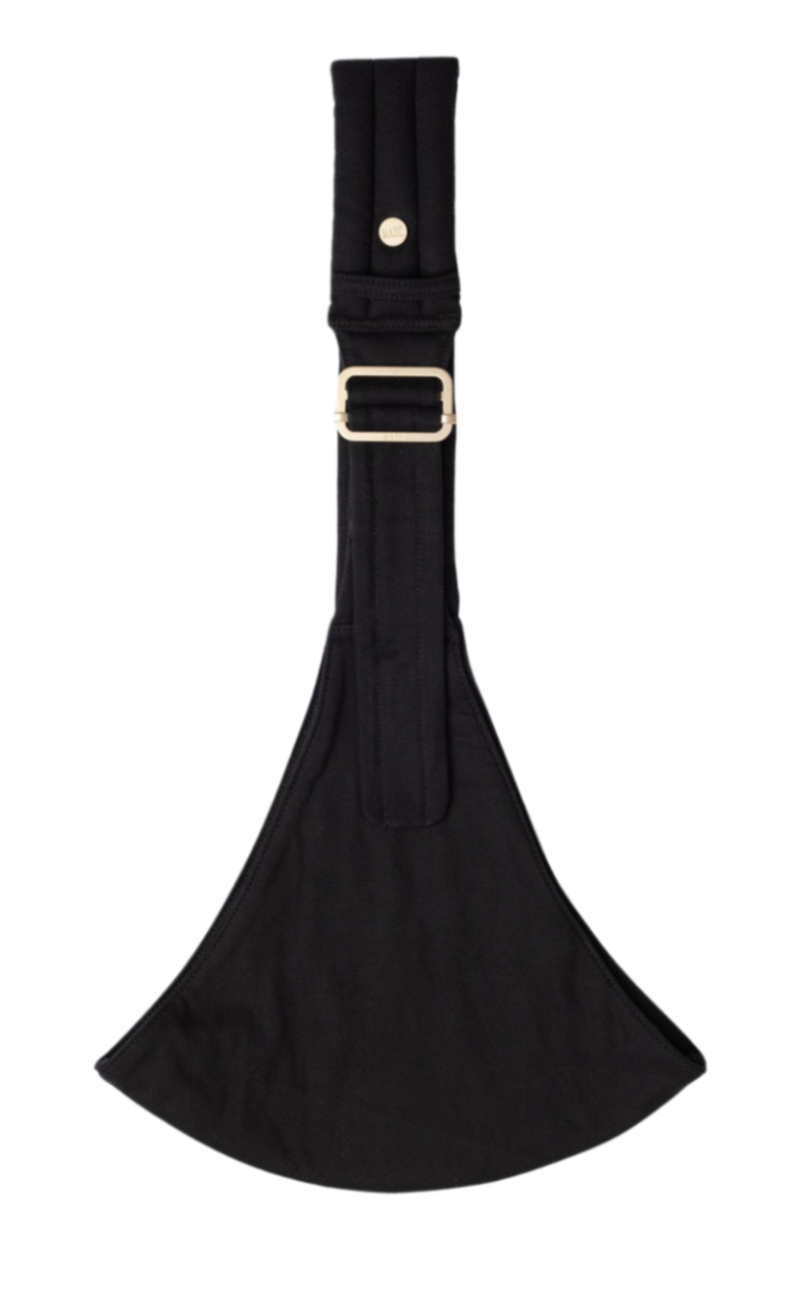 The Mabē Monarch Toddler Sling in Ebony, which is solid black cotton/linen fabric.