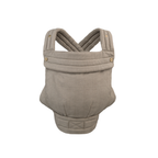 An image of the Mabē Monarch Buckle Carrier in  Charles Herringbone, which is a delicate herringbone weave in shades of brown. There are antique bronze branded buttons on the quilted head support flap, crossing padded shoulder straps, and a quilted waistband. The background is solid white.