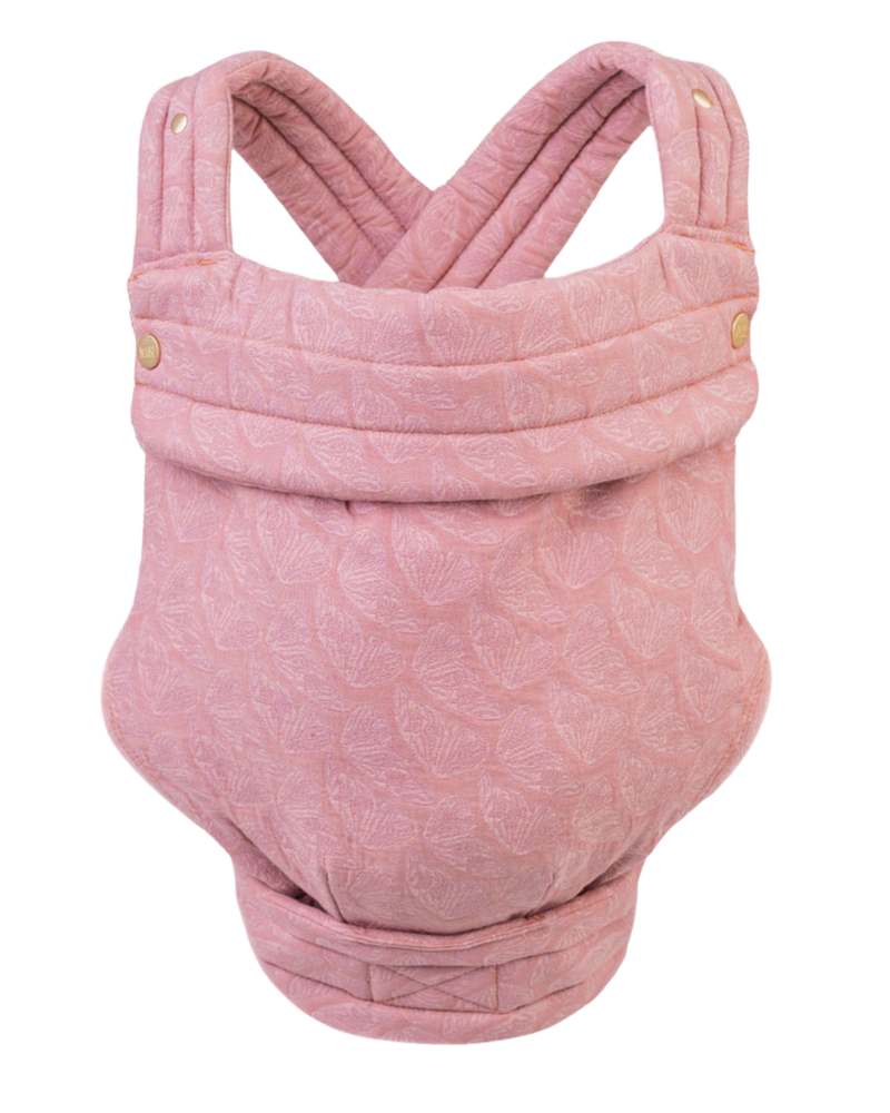 The Mabē Monarch Buckle Carrier in Mauve Wings, which is blush and natural butterfly-wing-patterned cotton/linen fabric.