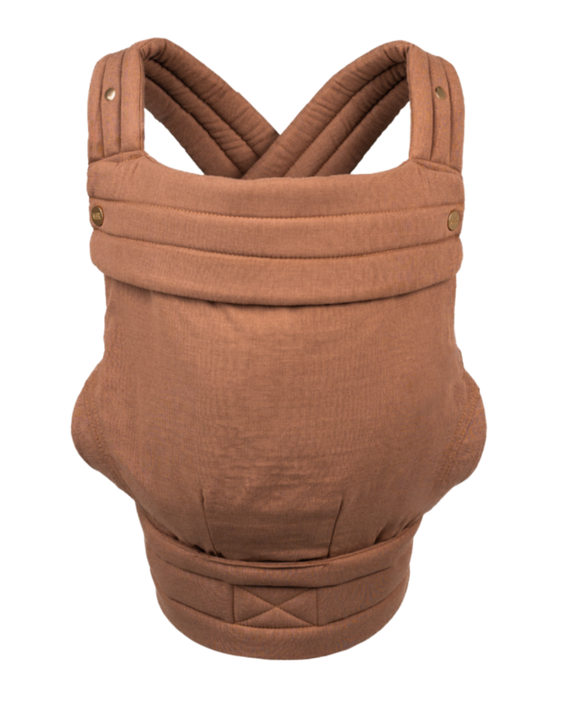 The Mabē Monarch Buckle Carrier in Mocha, which is solid pinkish-brown cotton/linen fabric.