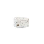 Photo of the Mabē Monarch Accessory Bag in Sunday Floral, which is white with delicate sprigs of blue flowers. There is a gold branded button on the lower left of the bag, and two zippered pockets.