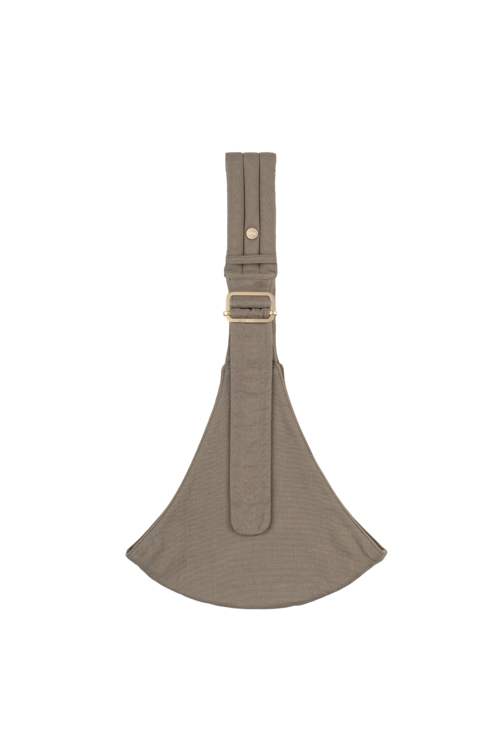 The Mabē Monarch Toddler Sling in Charles Herringbone, a delicate herringbone weave cotton/linen fabric in shades of brown, with antique bronze buttons and ladder lock buckle, plus quilted crossbody shoulder strap.