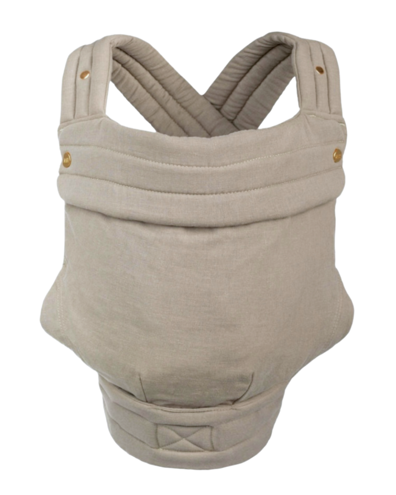 The Mabē Monarch Buckle Carrier in Stone Sage, which is solid greenish gray cotton/linen fabric.