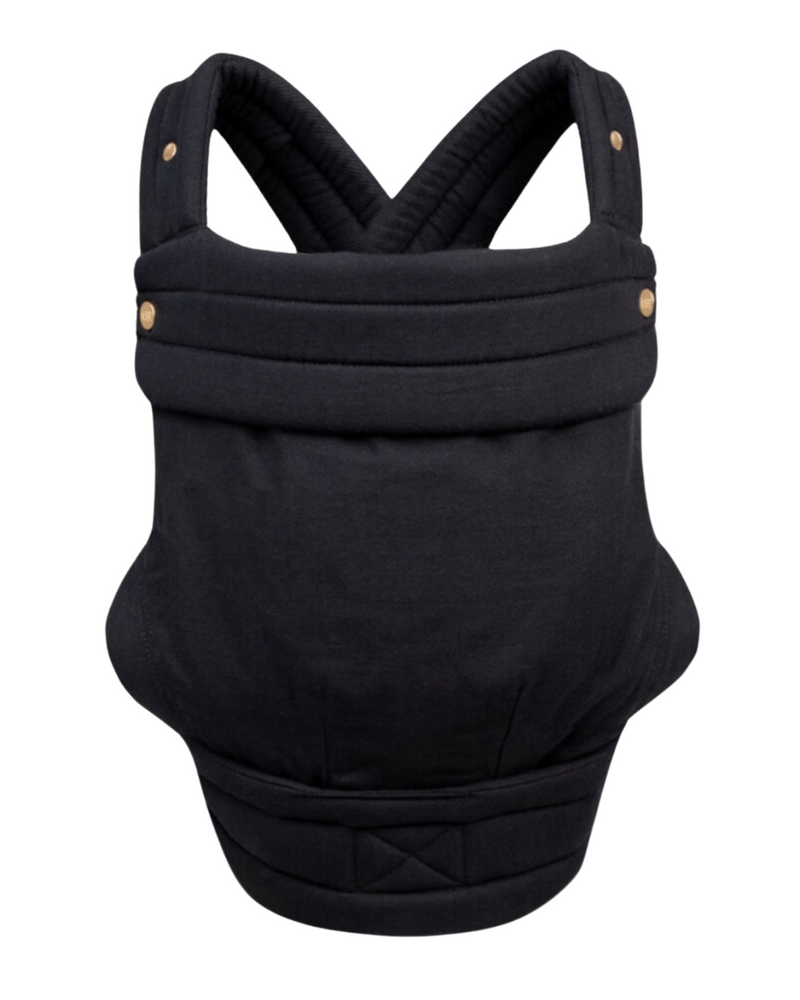 The Mabē Monarch Buckle Carrier in Ebony, which is solid black cotton/linen fabric.