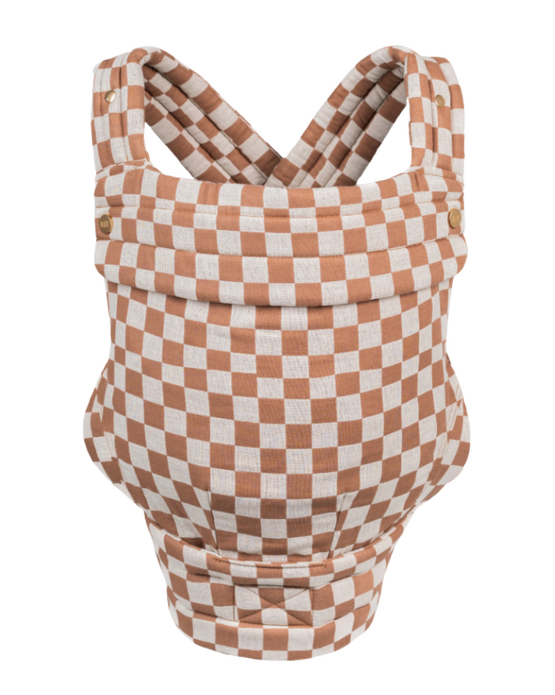 The Mabē Monarch Buckle Carrier in Mocha Check, which is pinkish brown and natural checker-patterned cotton/linen fabric.