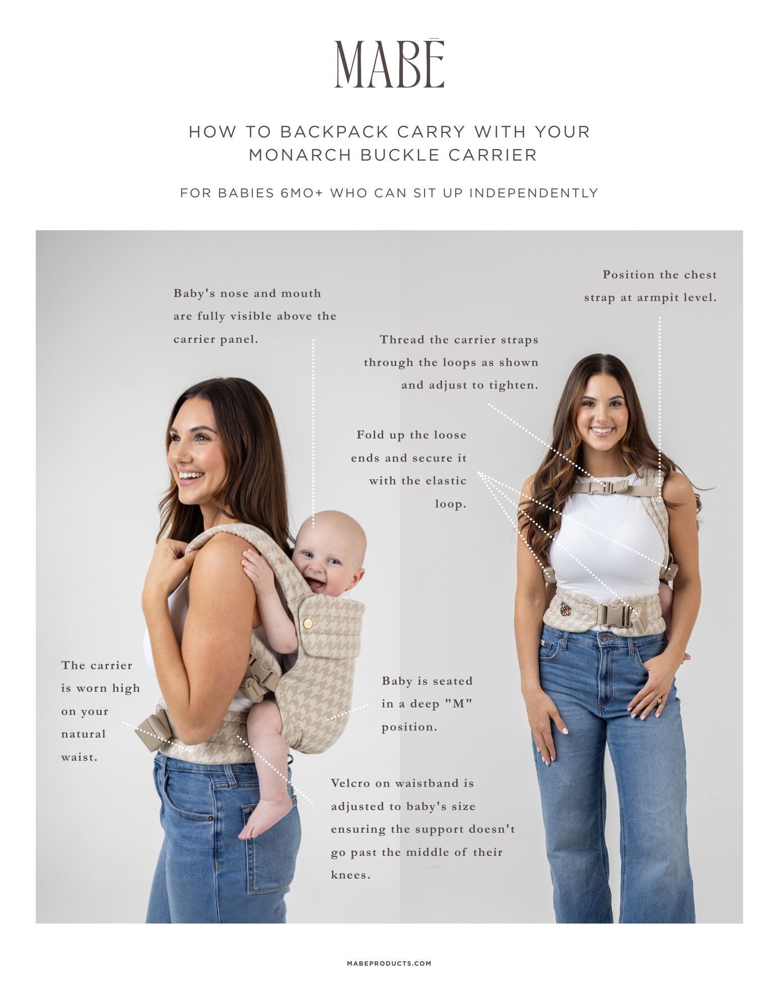 How-to graphic for backpack carry with the Monarch Buckle Carrier, for babies 6 months and older who can sit up independently. Baby's nose and mouth are fully visible above the carrier panel. The carrier is worn high on the natural waist. Thread the carrier straps through the loops as shown and adjust to tighten. Chest strap positioned at armpit level. Baby is seated in a deep "M" shaped position. Velcro inside waistband is adjusted to baby's knee-to-knee width. Excess webbing is rolled up and secured.