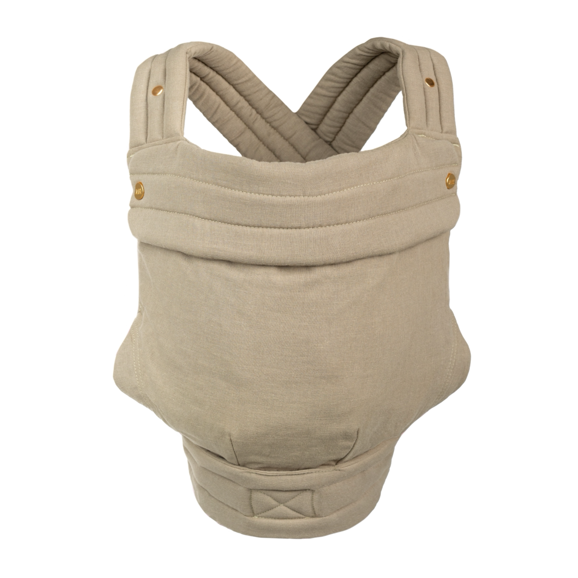 The Mabē Monarch Buckle Carrier in Stone Sage, which is a solid warm sage-tinged stone color cotton/linen fabric with gold branded snaps.