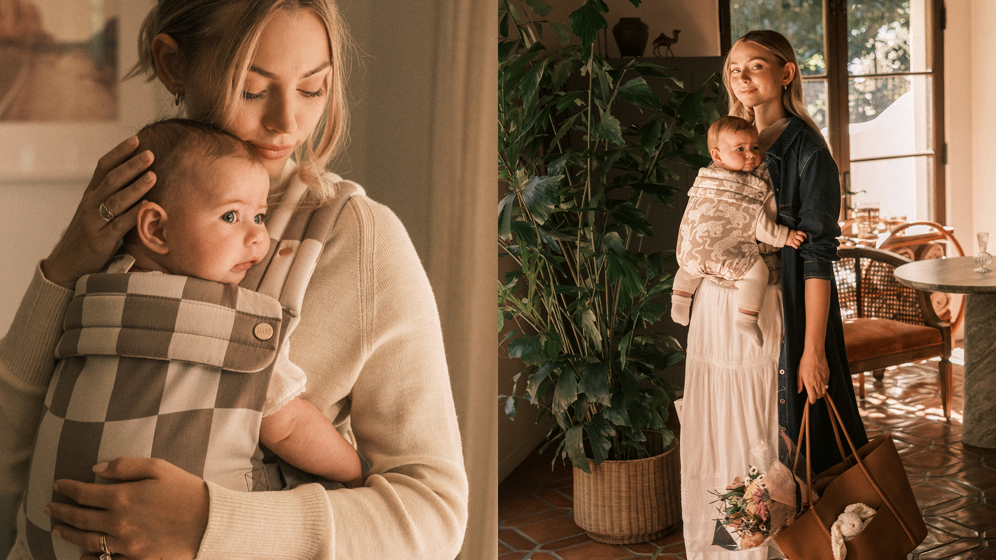 Moving carousel of images showing people wearing small children in the Mabē Monarch Buckle Carrier and Toddler Sling in Wildcard and Spotted Jag (both in Dune colorway).
